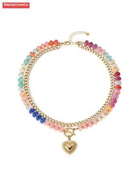 14K Gold Plated Layered Necklace, Natural Stone Beads, Heart Pendant, Boho